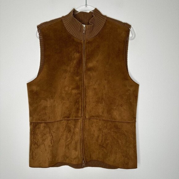 J Jill Faux Suede Full Zip Vest Brown Ribbed Knit Back Preppy Large - Picture 1 of 7